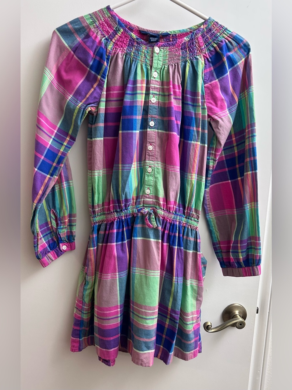 RALPH LAUREN GIRLS DRESS SIZE 12 PLAID With Pockets.Smocked Waist Long-Sleeve